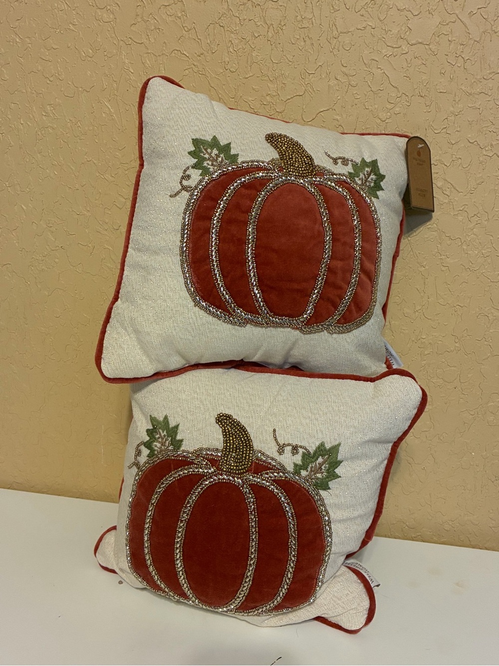 Well Dressed Home Autumn Harvest Fall Pumpkin Beaded Throw Pillows 12" x 12"(x2)